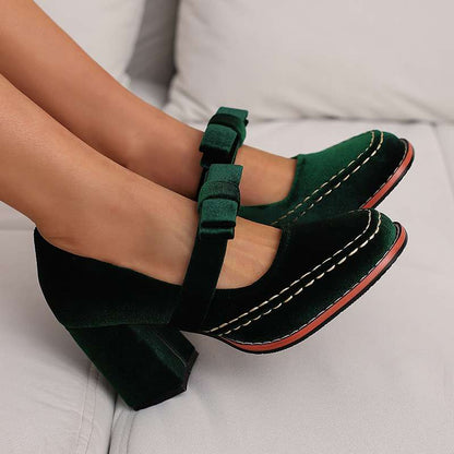 Laurentine | Mocassins Velours Talon Bloc à Nœud
