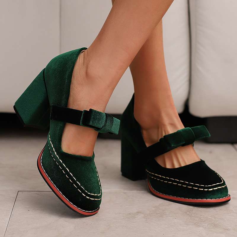 Laurentine | Mocassins Velours Talon Bloc à Nœud