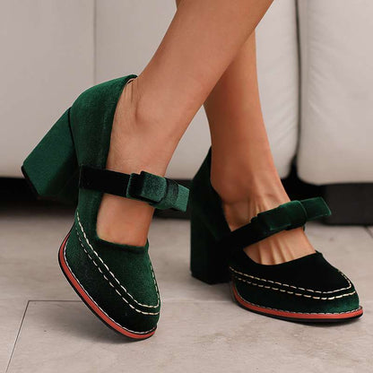 Laurentine | Mocassins Velours Talon Bloc à Nœud