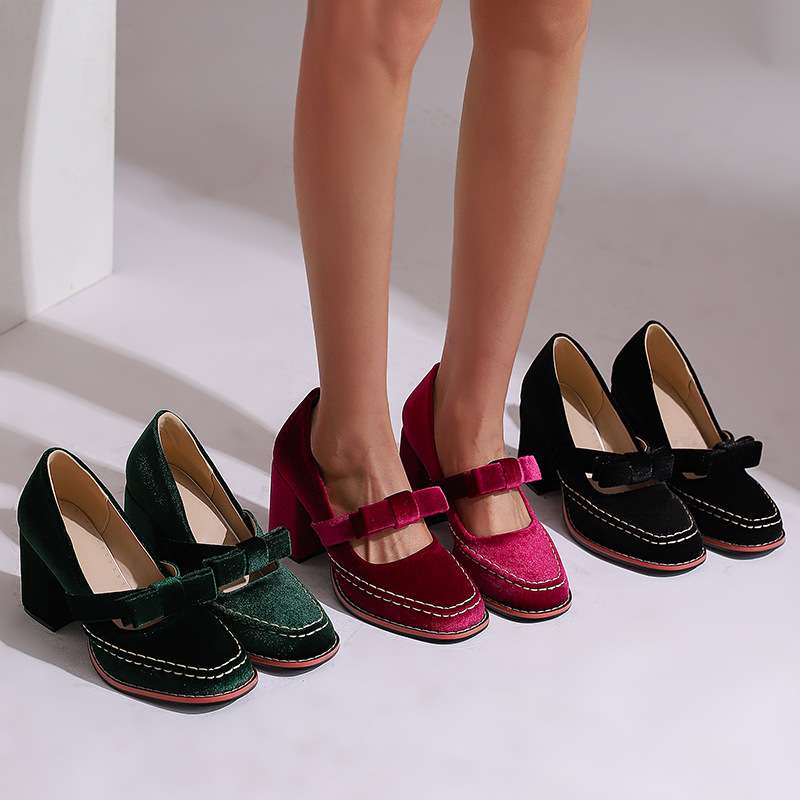 Laurentine | Mocassins Velours Talon Bloc à Nœud