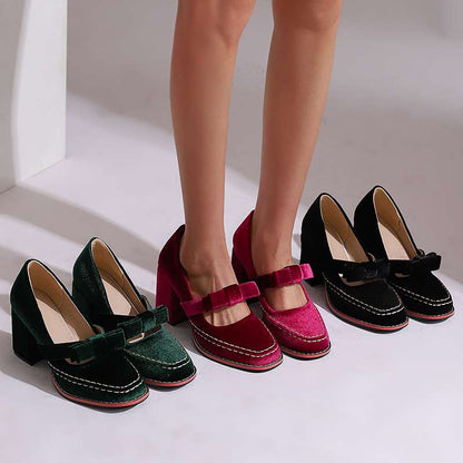 Laurentine | Mocassins Velours Talon Bloc à Nœud