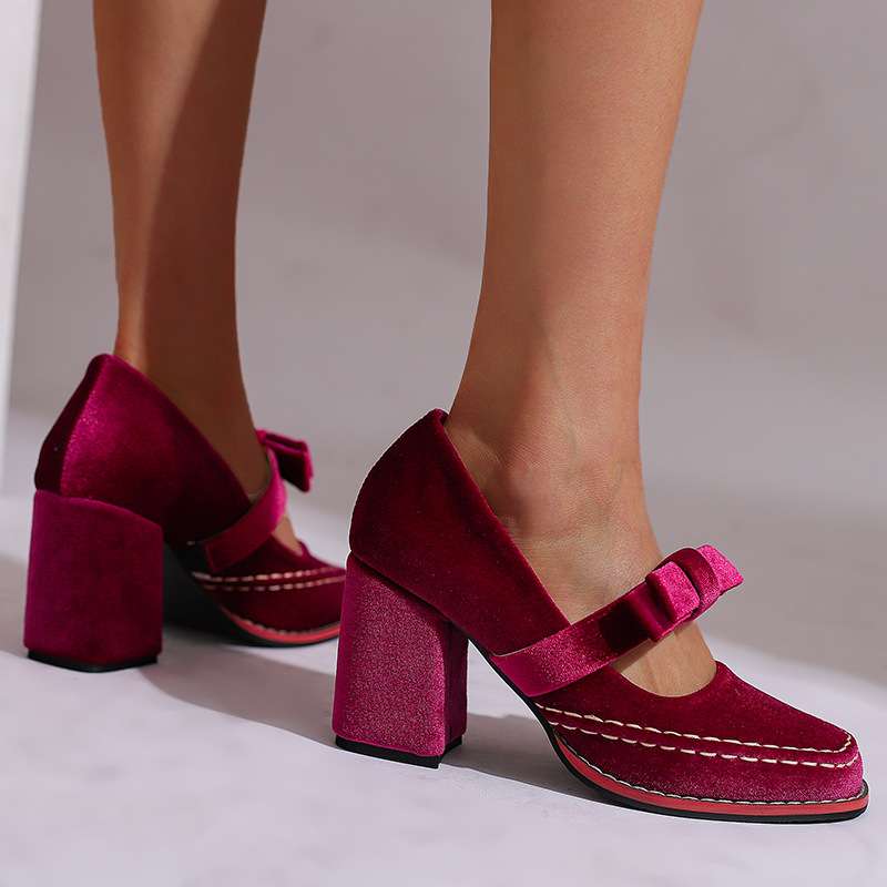 Laurentine | Mocassins Velours Talon Bloc à Nœud