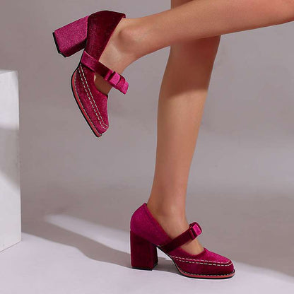 Laurentine | Mocassins Velours Talon Bloc à Nœud