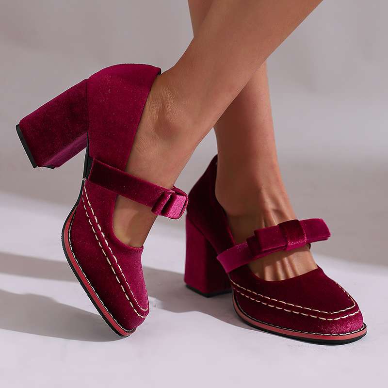 Laurentine | Mocassins Velours Talon Bloc à Nœud