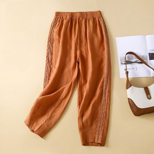 Maelle pantalon coton lin brodé taille élastique femme