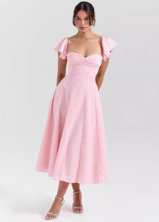 Placidie | Robe Midi Jacquard Manches à Volants
