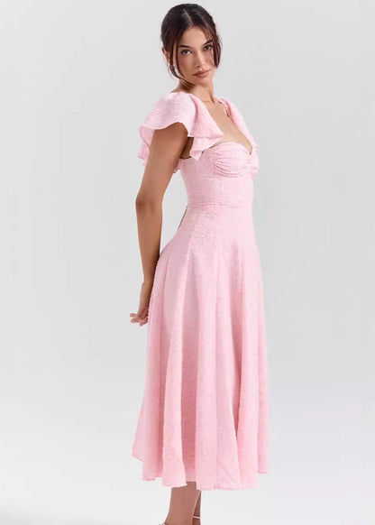 Placidie | Robe Midi Jacquard Manches à Volants