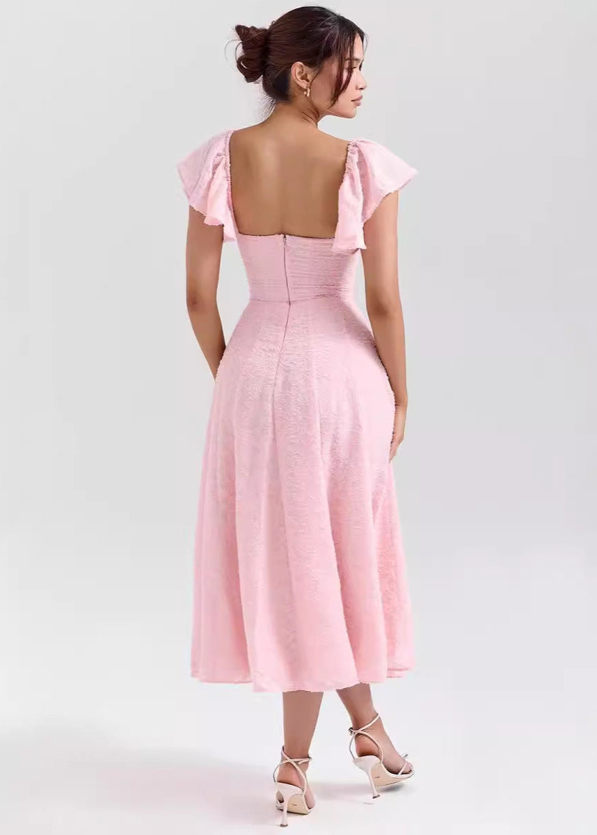 Placidie | Robe Midi Jacquard Manches à Volants