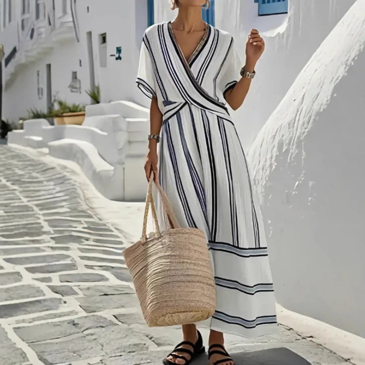 Vittoria | Robe Midi Rayée d’Été Col V