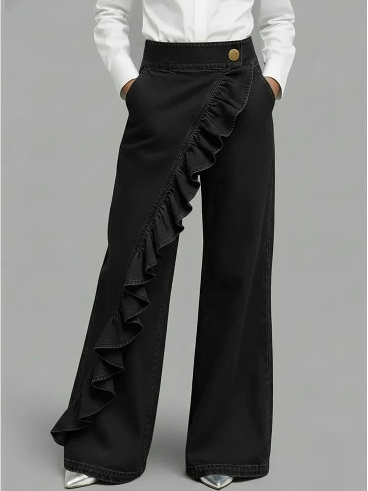 Ariane | Jean Large Taille Haute à Volants