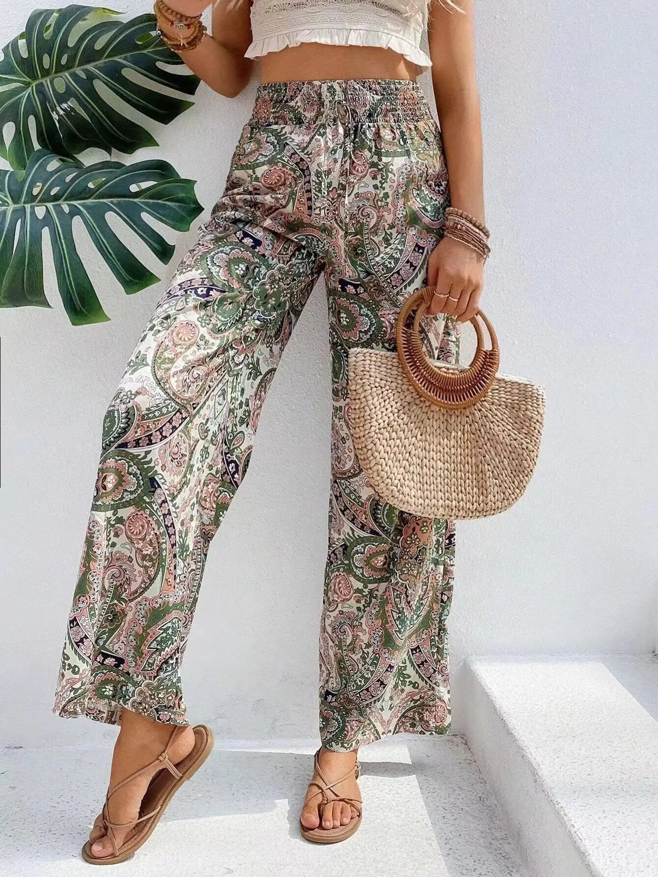 Olivia | Pantalon Large Taille Haute à Imprimé Vintage