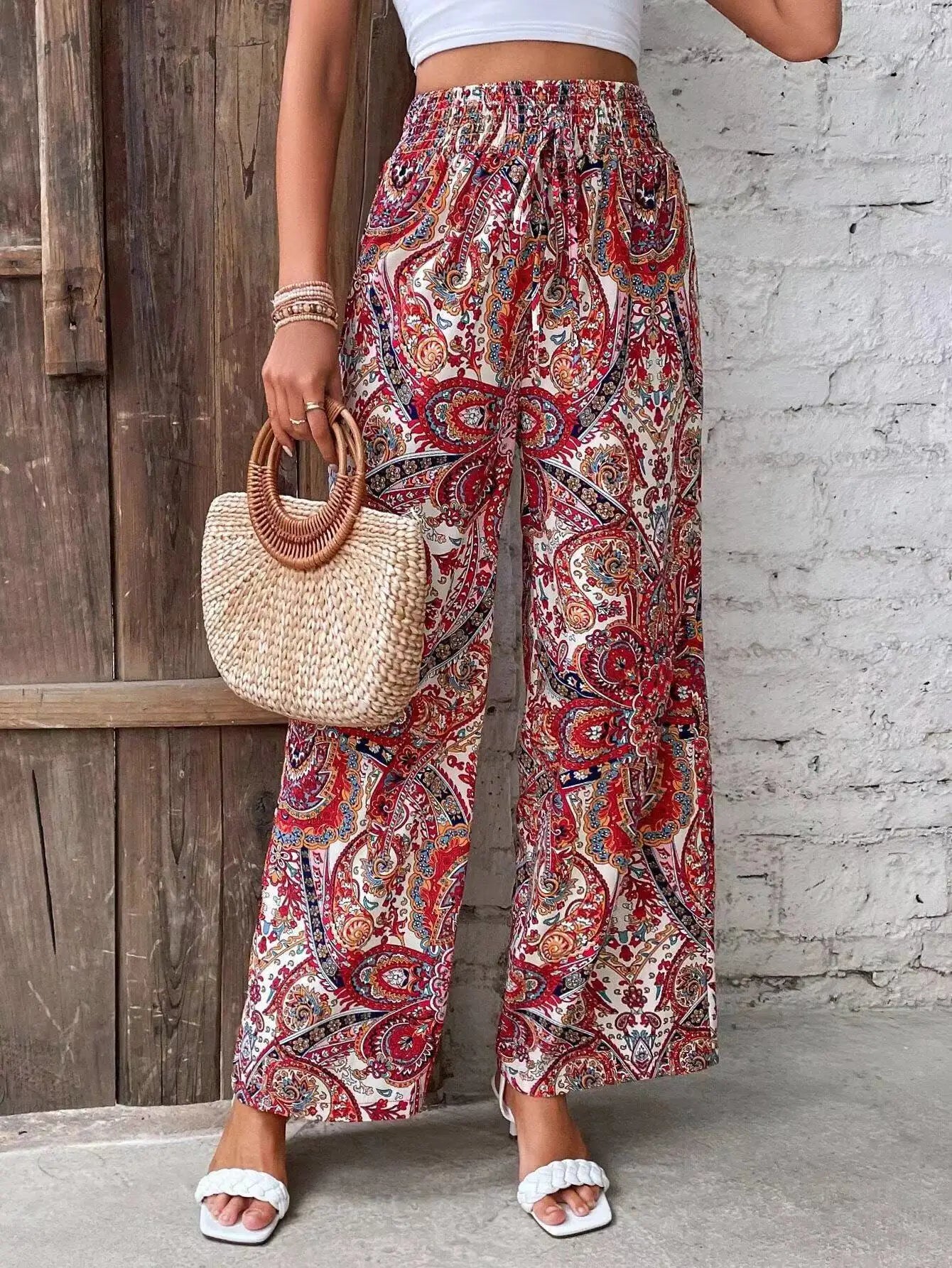 Olivia | Pantalon Large Taille Haute à Imprimé Vintage