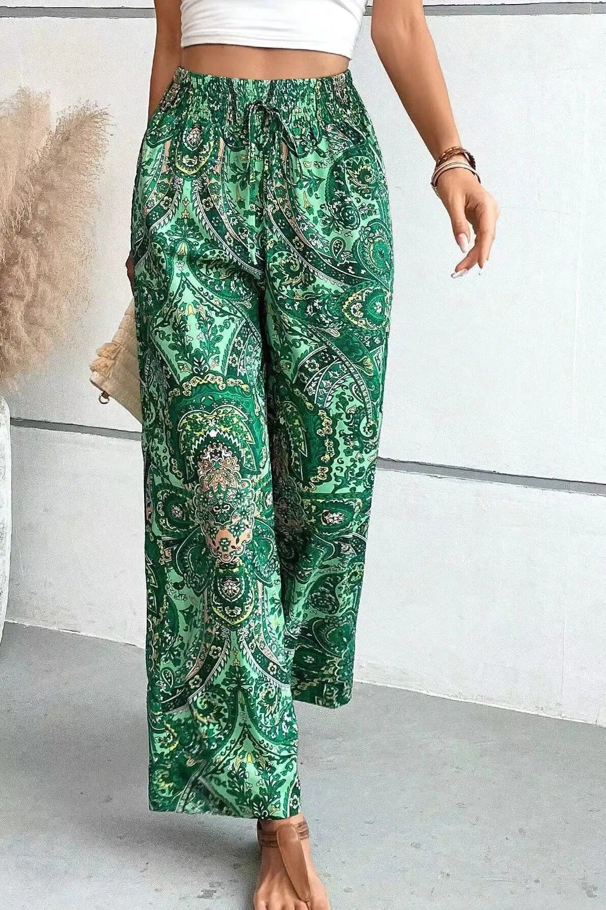 Olivia | Pantalon Large Taille Haute à Imprimé Vintage