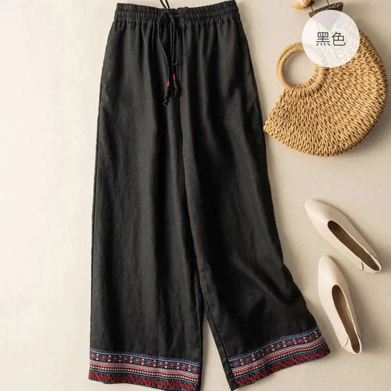 Zélia pantalon large brodé en lin femme