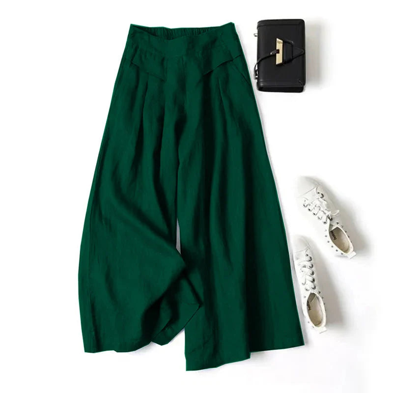 Adeline | Pantalon Large Coton Lin Taille Élastique