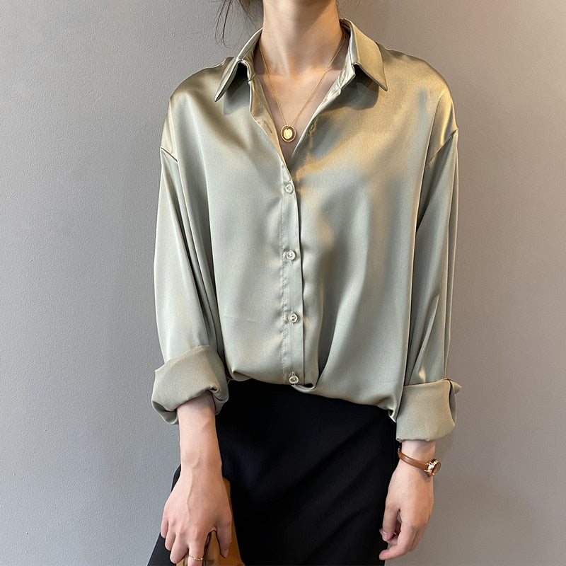 Margot | Chemisier Satiné Manches Longues pour Tenue Élégante