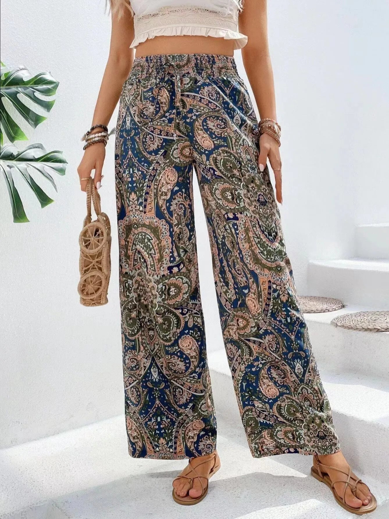Olivia | Pantalon Large Taille Haute à Imprimé Vintage