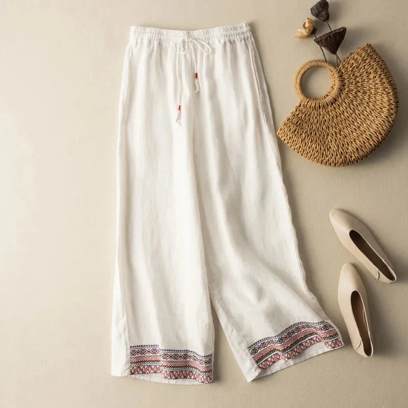 Zélia | Pantalon Large Brodé en Lin