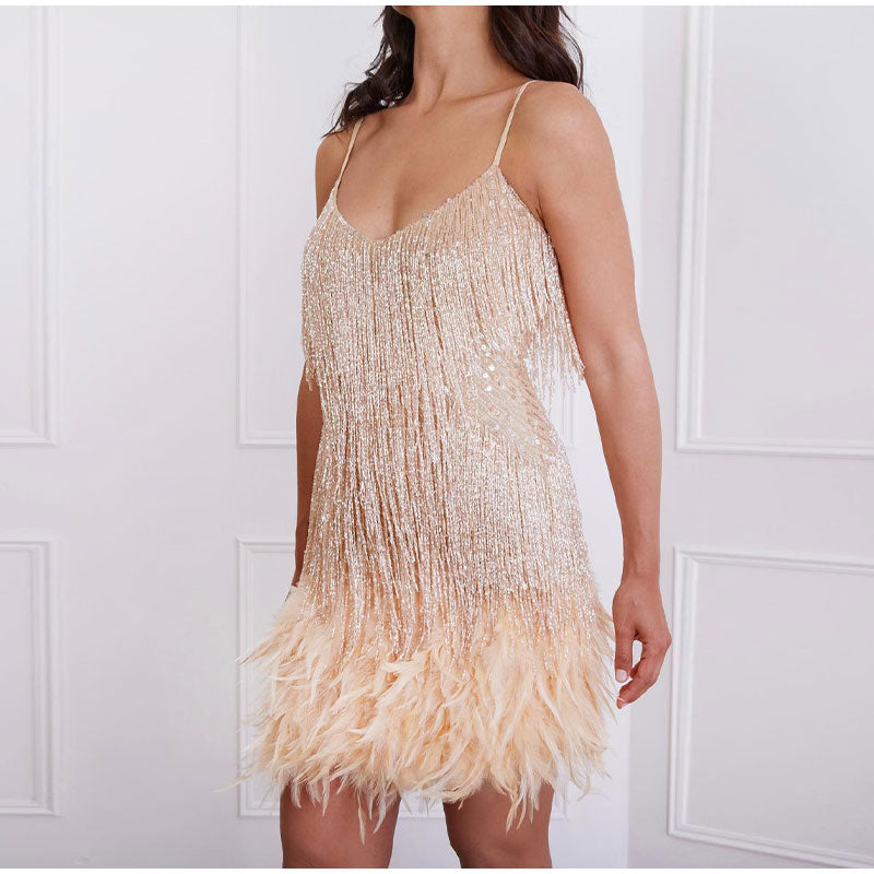 Léna | Robe Courte Sequins et Plumes pour Soirée