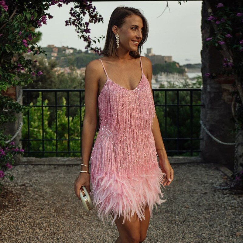 Léna | Robe Courte Sequins et Plumes pour Soirée