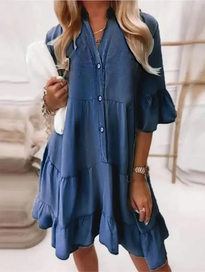 Béatrice | Robe Courte Denim à Volants