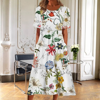 Liliane | Robe Midi Fleurie à Manches Courtes