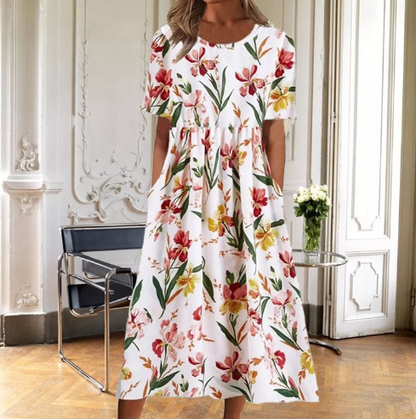Liliane | Robe Midi Fleurie à Manches Courtes