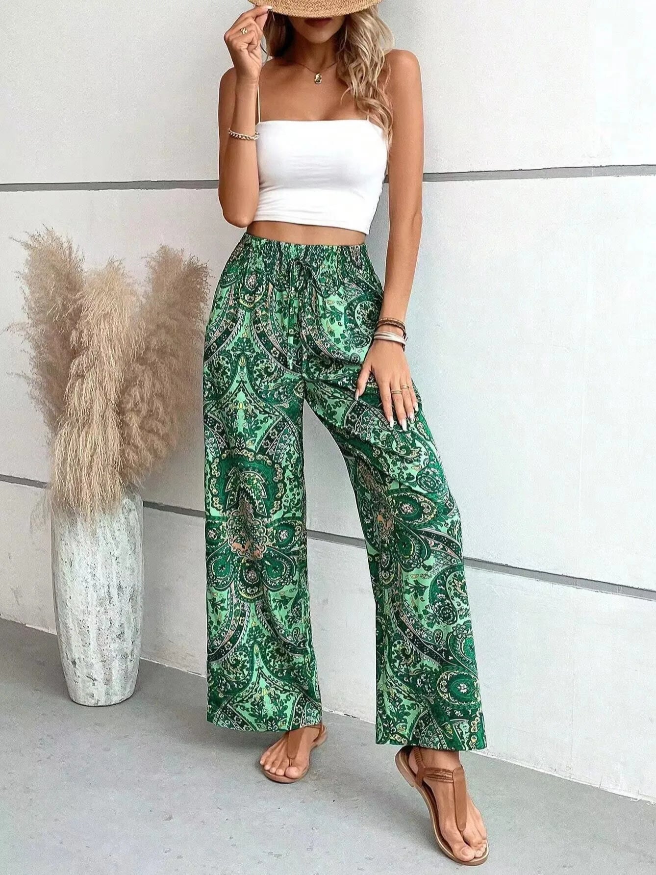 Olivia | Pantalon Large Taille Haute à Imprimé Vintage