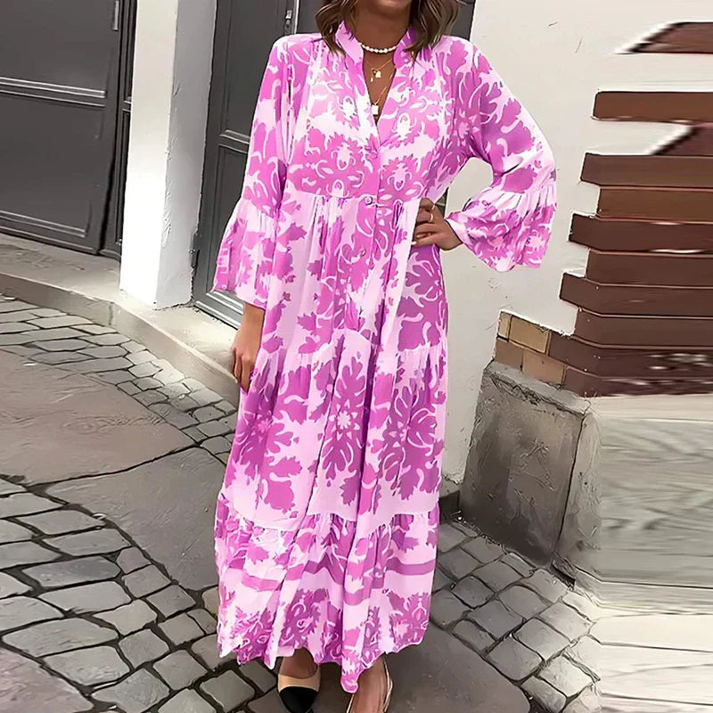 Kiana | Robe Midi Bohème Imprimée Manches Longues