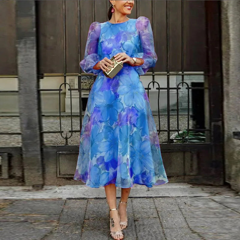 Marceline | Robe Midi Fleurie Manches Transparentes pour Mariage Invitée