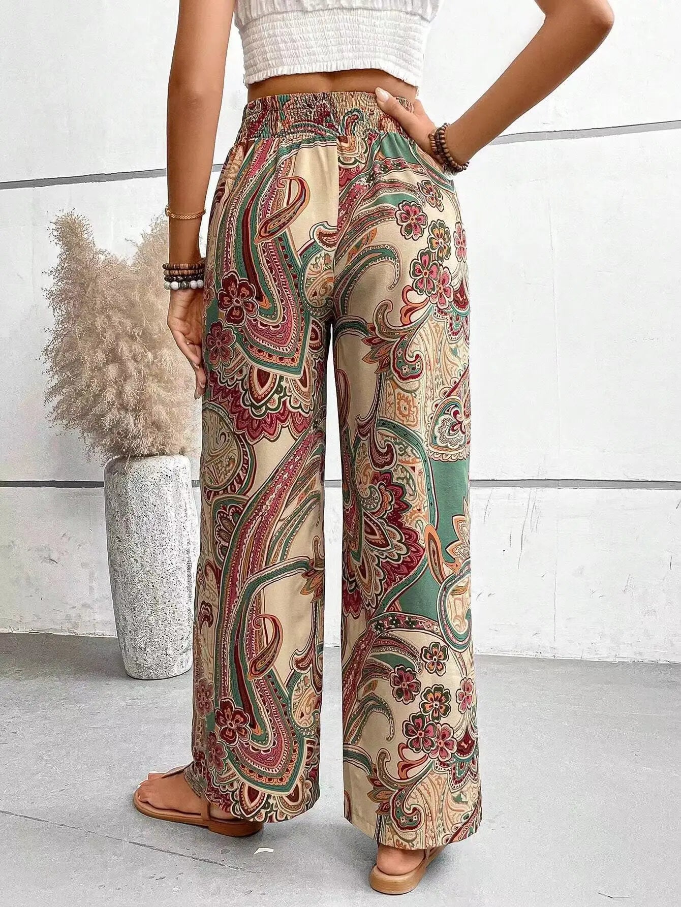 Olivia | Pantalon Large Taille Haute à Imprimé Vintage