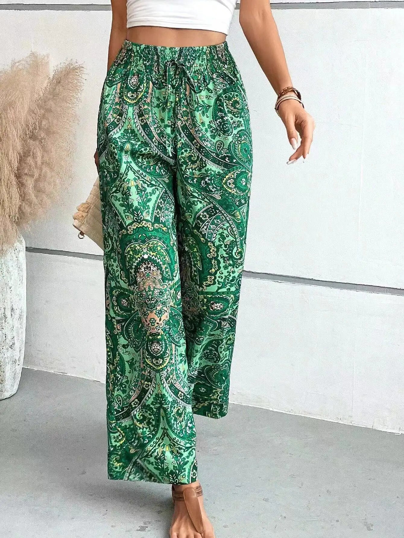 Olivia | Pantalon Large Taille Haute à Imprimé Vintage