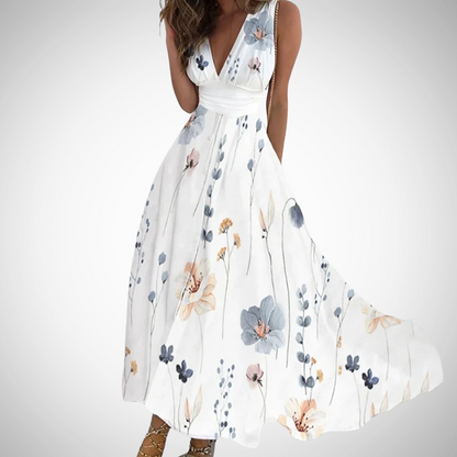 Hermance | Robe Longue Fleurie Col V Sans Manches