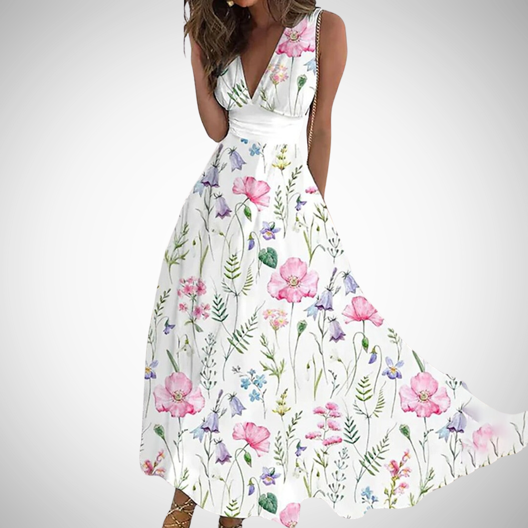 Hermance | Robe Longue Fleurie Col V Sans Manches