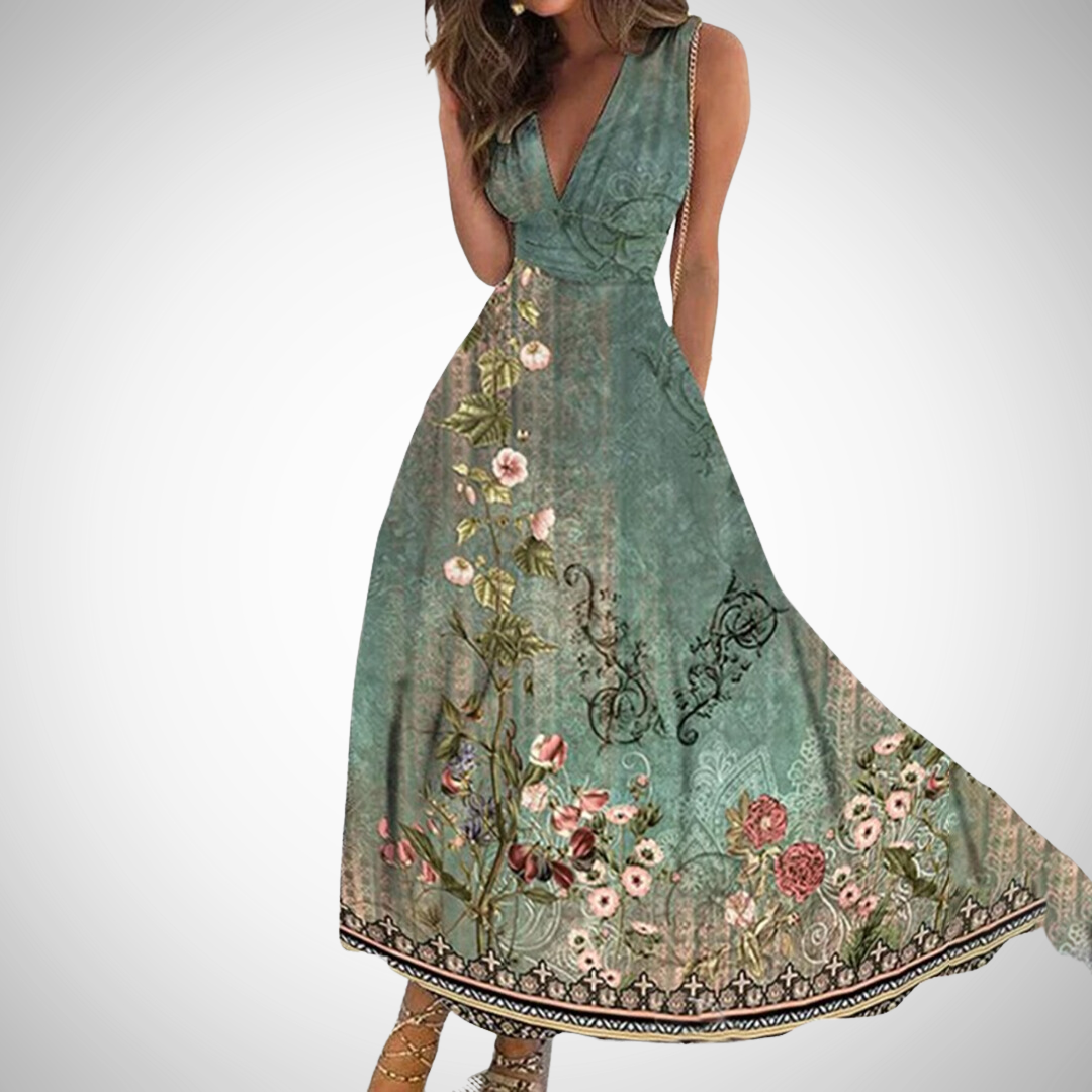 Hermance | Robe Longue Fleurie Col V Sans Manches