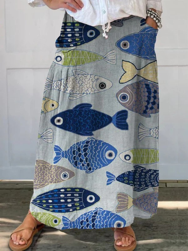 Christine | Jupe Maxi Vintage à Imprimé Poisson