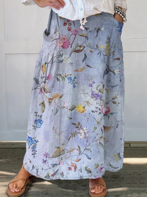 Geneviève | Jupe Maxi Vintage à Imprimé Floral Bleu