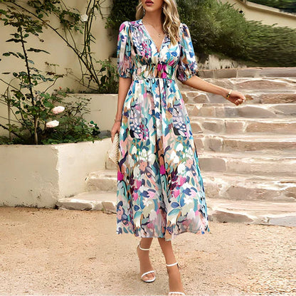 Adeline | Robe Midi Fleurie Col V pour Mariage Invitée
