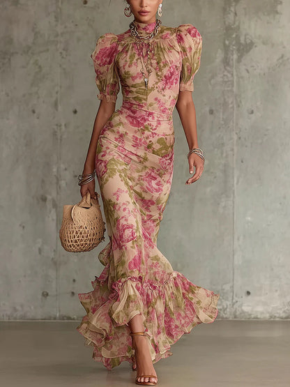 Roselyne | Robe Longue Fleurie Col Montant Manches Bouffantes