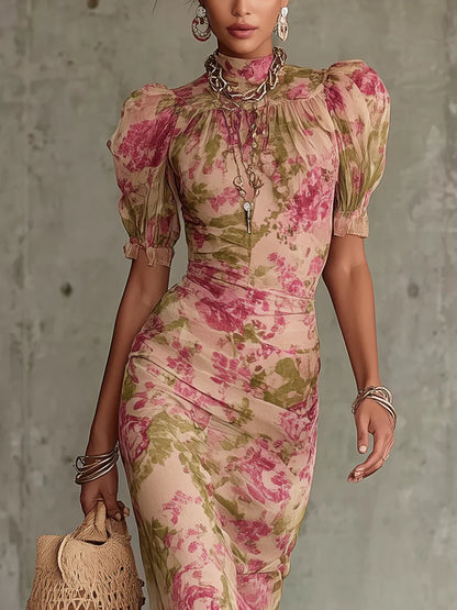 Roselyne | Robe Longue Fleurie Col Montant Manches Bouffantes