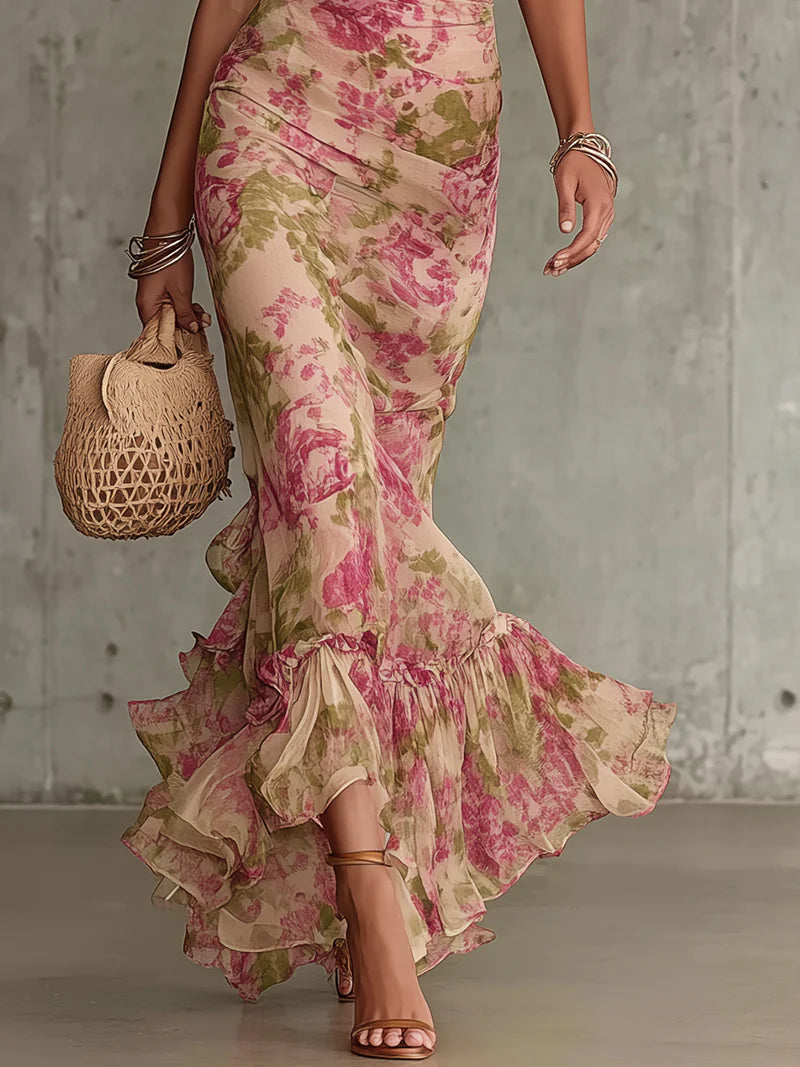 Roselyne | Robe Longue Fleurie Col Montant Manches Bouffantes