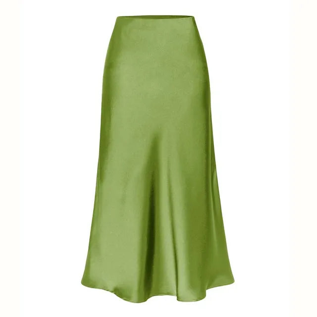 Naïma | Jupe Midi Satinée A-Ligne Fendue Taille Haute