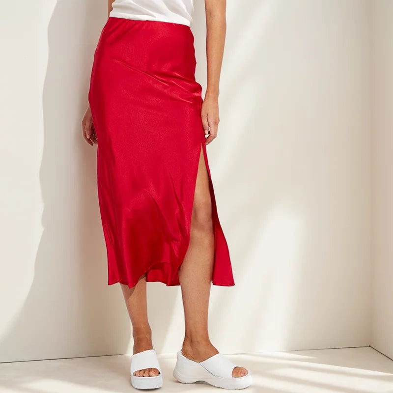 Naïma | Jupe Midi Satinée A-Ligne Fendue Taille Haute