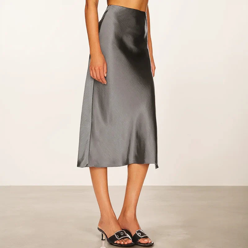 Naïma | Jupe Midi Satinée A-Ligne Fendue Taille Haute