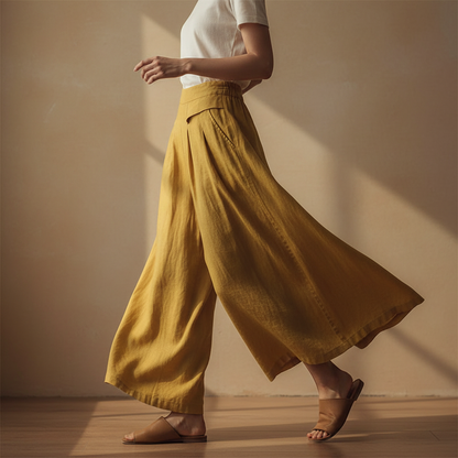 Adeline | Pantalon Large Coton Lin Taille Élastique