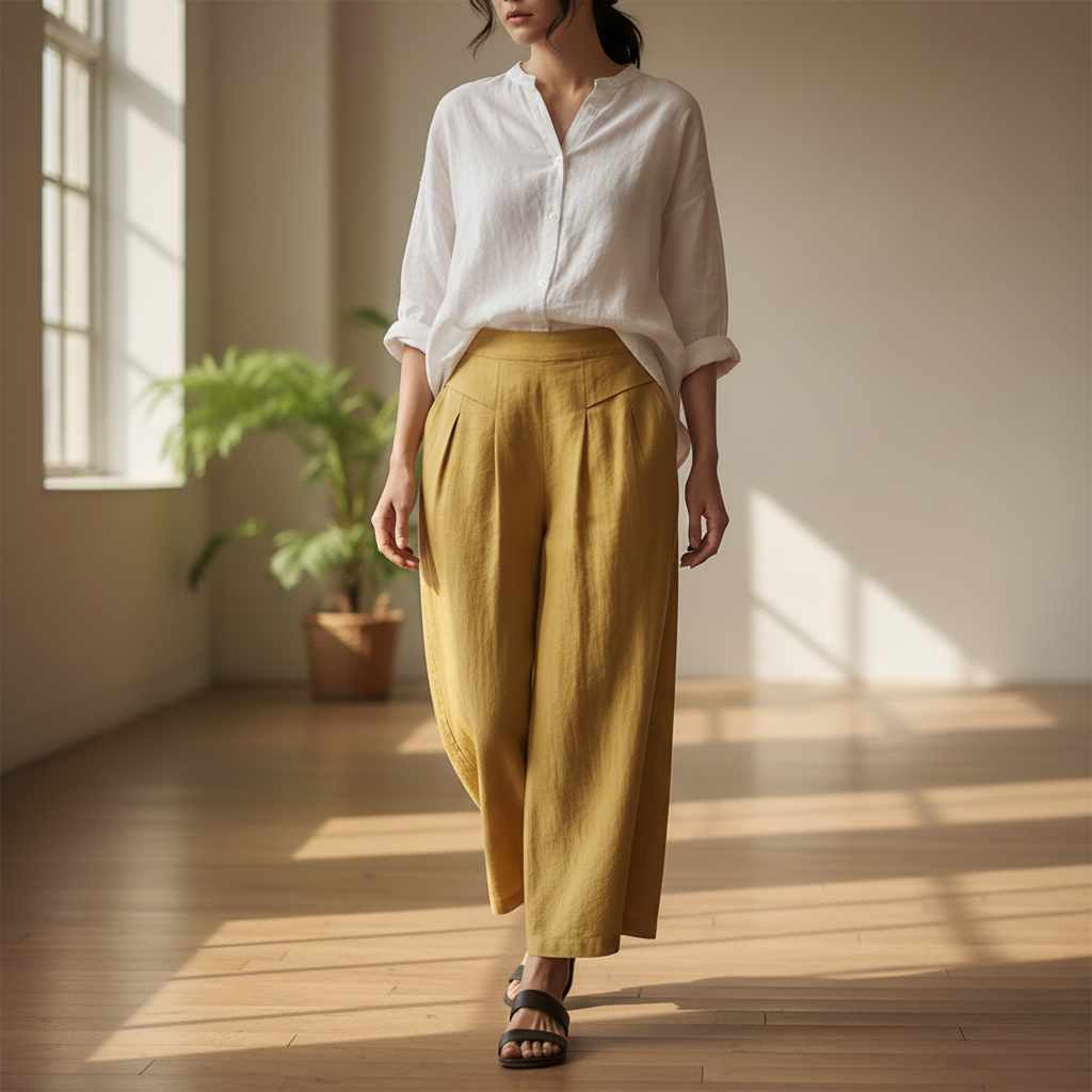 Adeline | Pantalon Large Coton Lin Taille Élastique