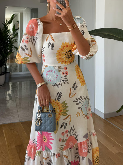 Pernelle | Robe Midi Fleurie à Encolure Carrée