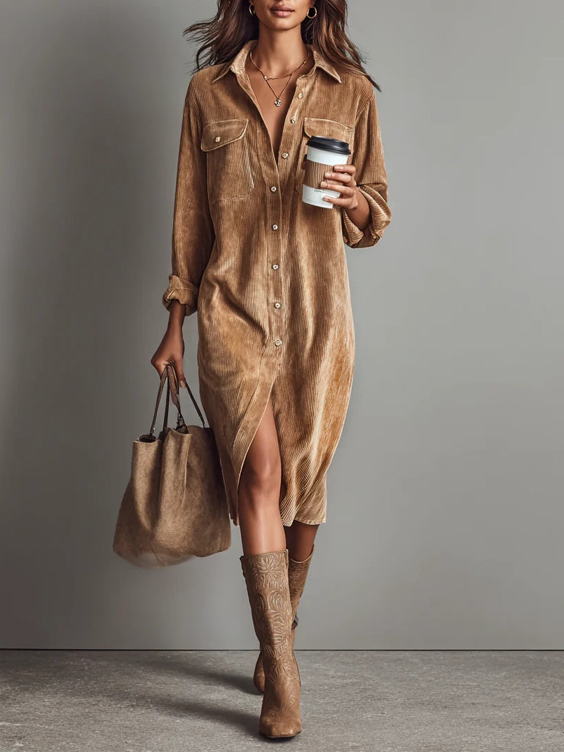 Lucille | Robe Midi Chic Manches Longues à Ourlet Évasé
