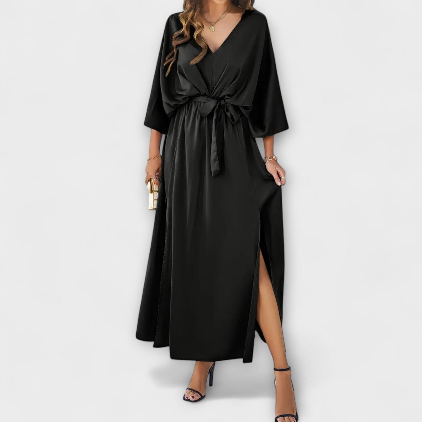 Champagnine | Robe Longue Col V Ceinturée Fendue