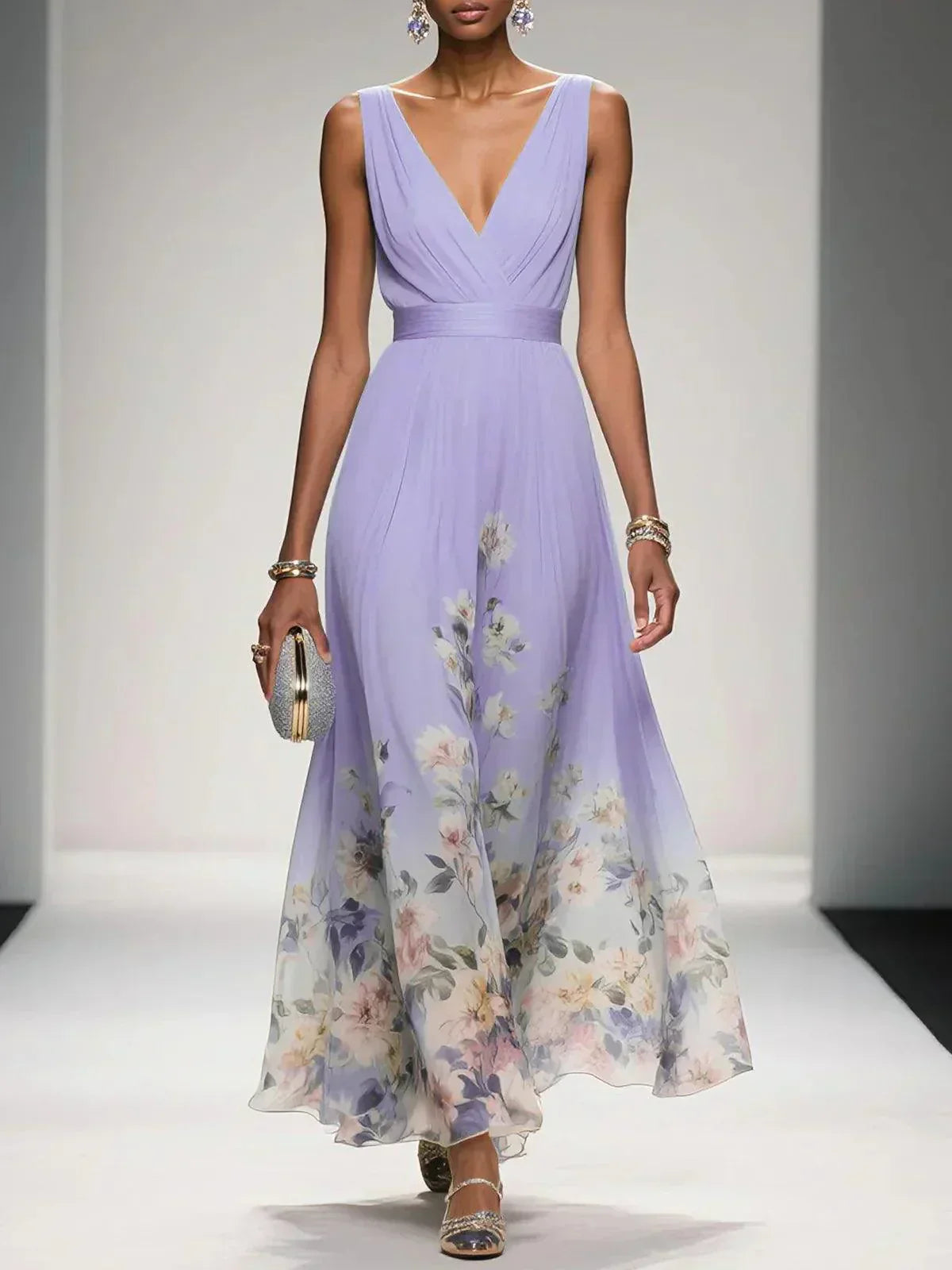 Lucinde | Robe Longue Fleurie Col V pour Mariage Invitée